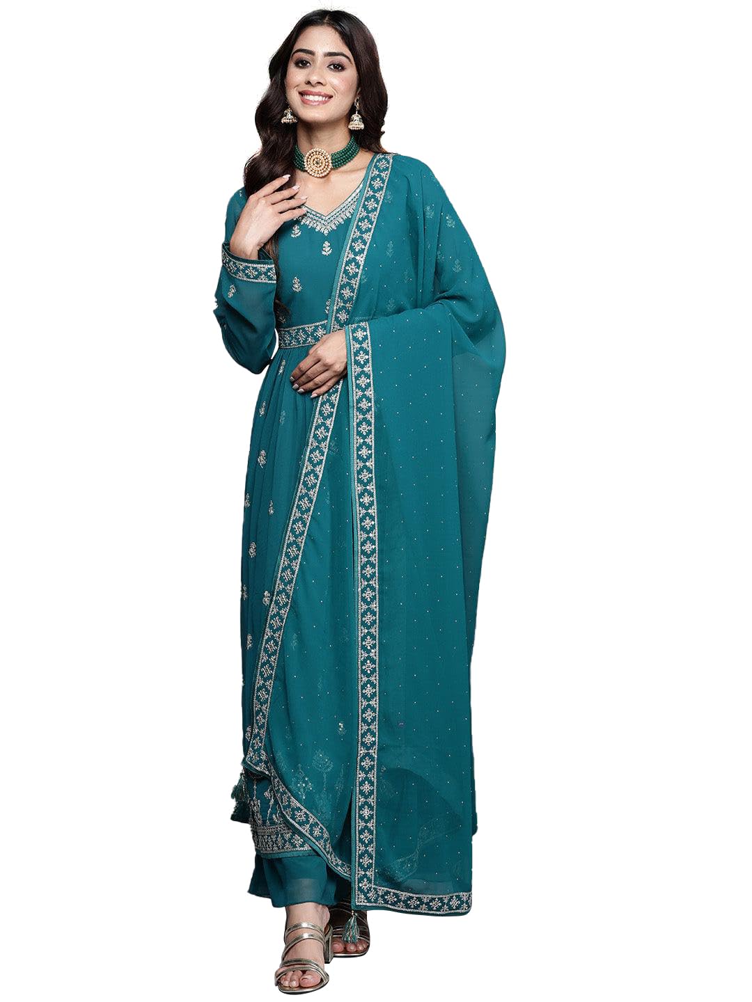 Libas Womens Embroidered Georgette A-Line Kurta With Palazzos And Dupatta