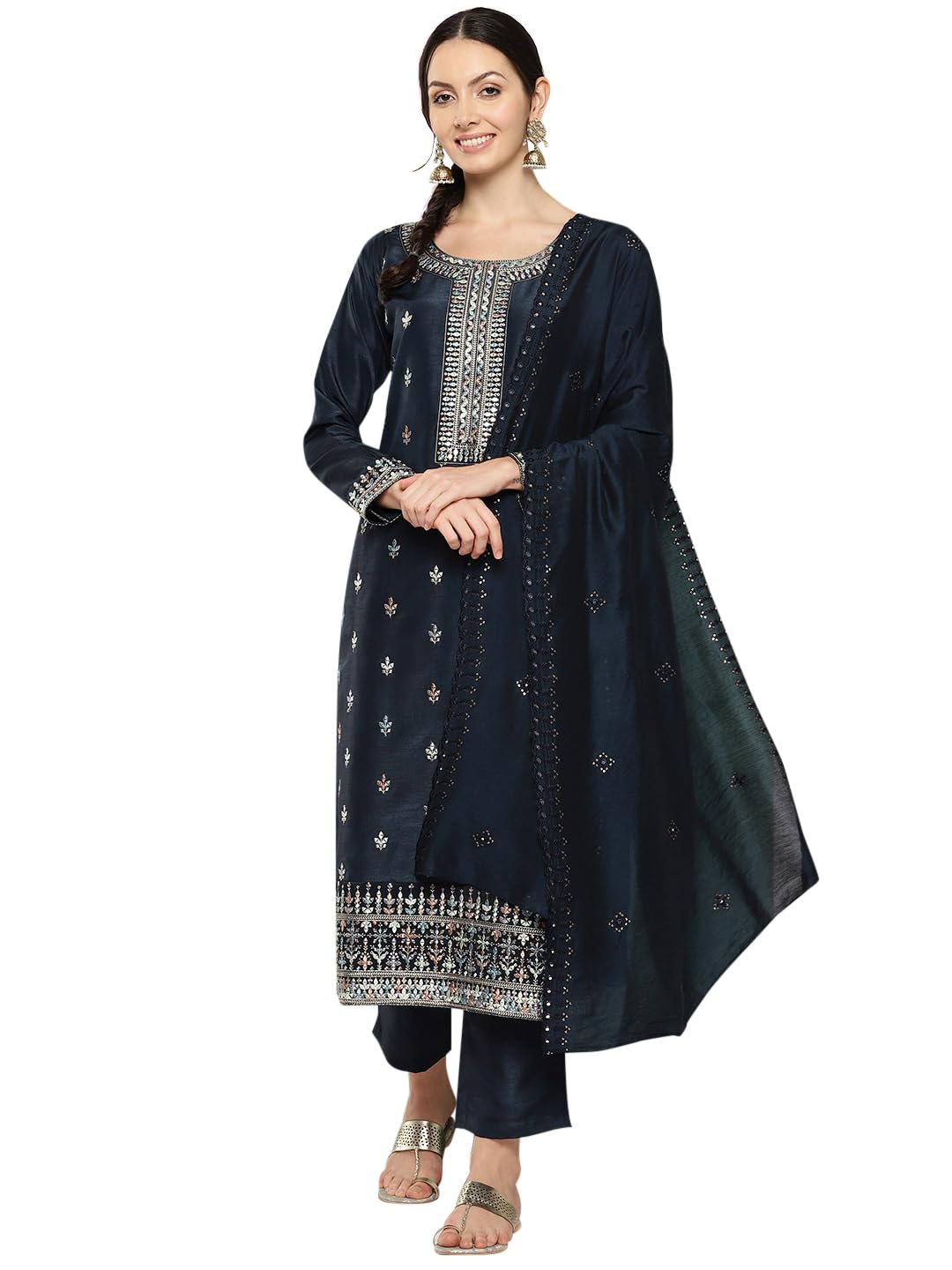 Libas Womens Printed Silk Straight Kurta With Trousers And Dupatta