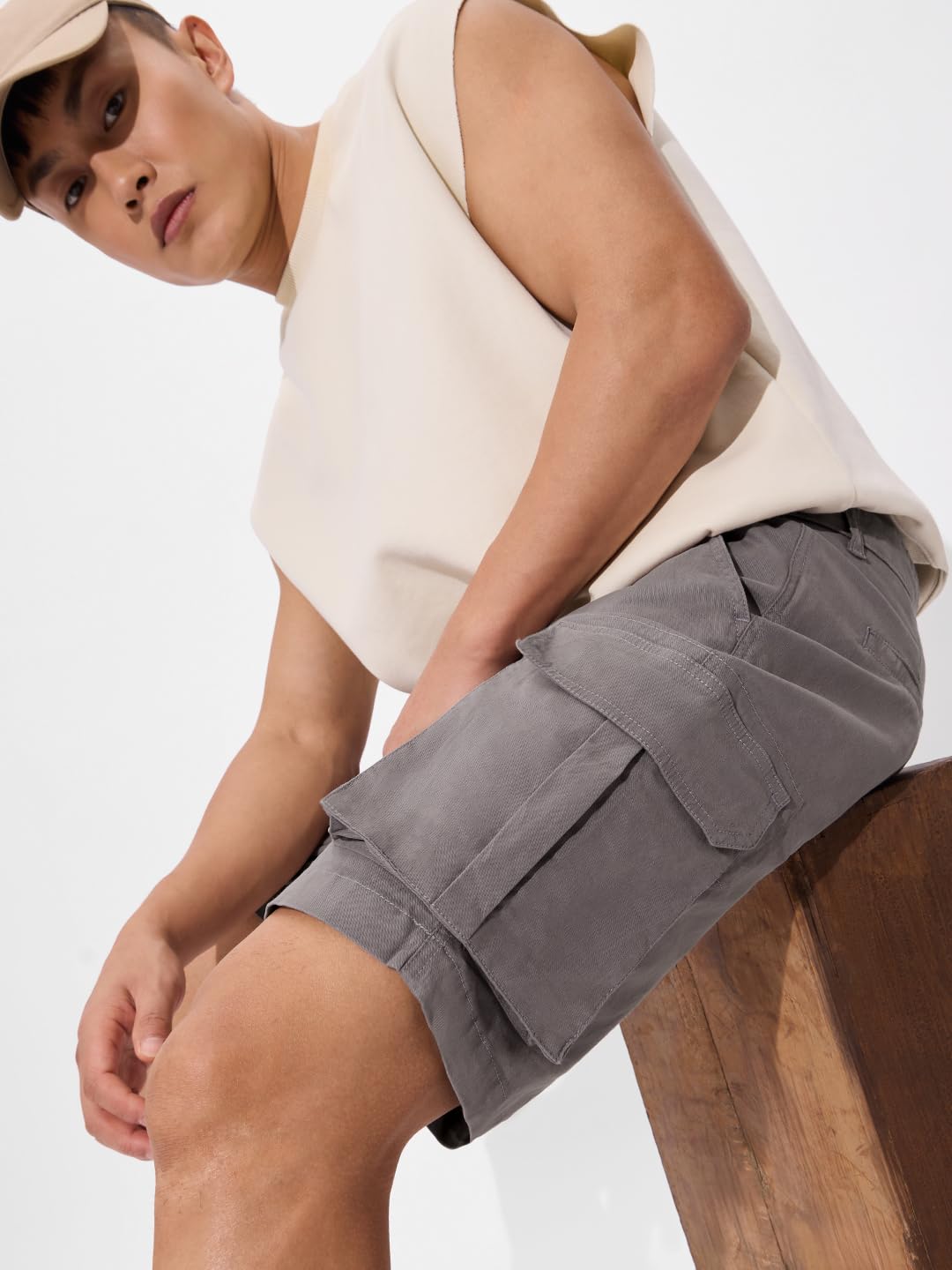 The Souled Store Solids: Mystic Grey Men and Boys Buttoned Knee Length Cotton Cargo Shorts