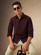 Dennis Lingo Men Textured Cotton Poly Regular Fit Full Sleeves Shirts Maroon