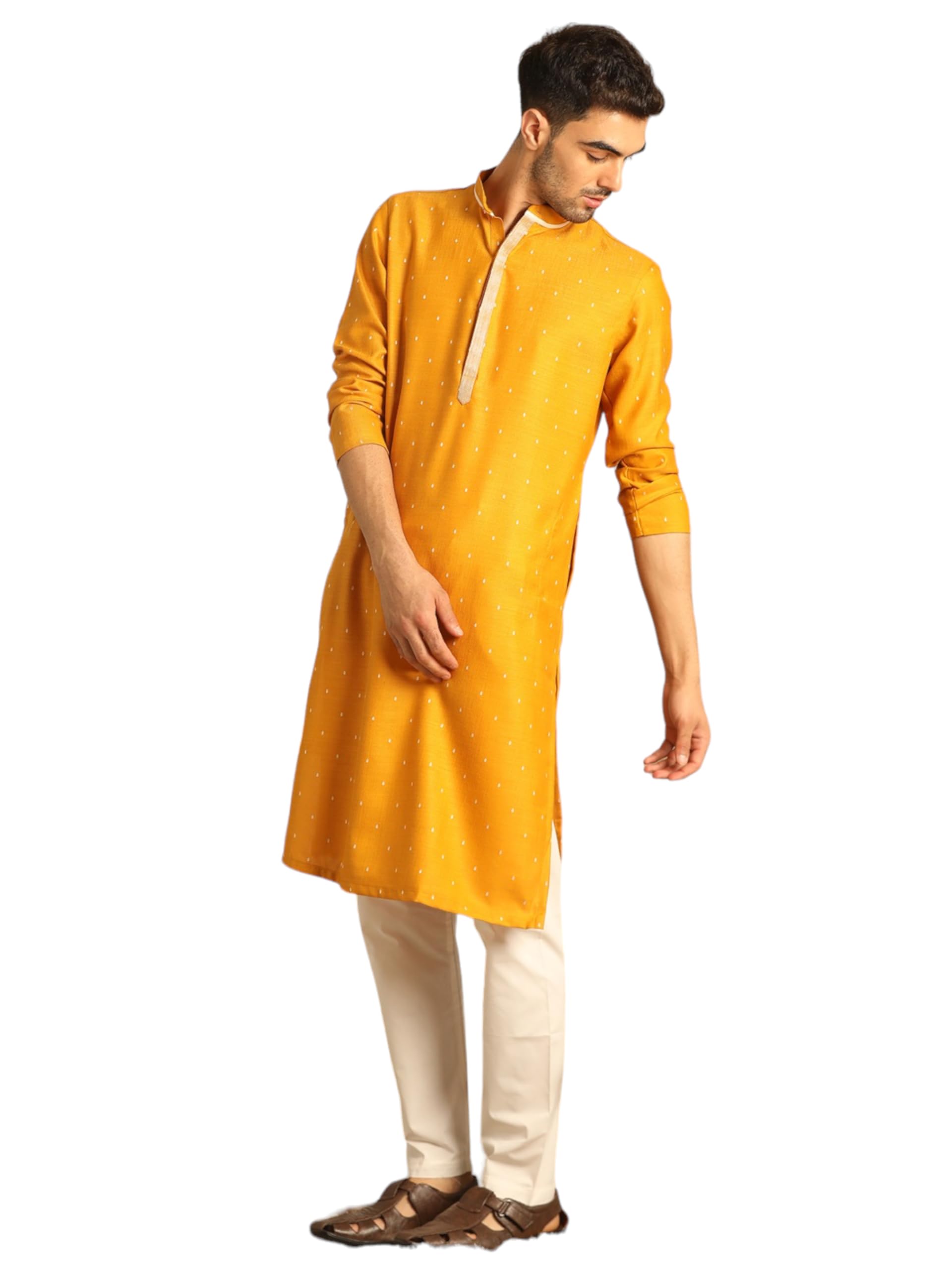 Manyavar Mustard Blended Viscose Self Design Casual Kurta Set with Mandarin Collar (Size : 3XL)