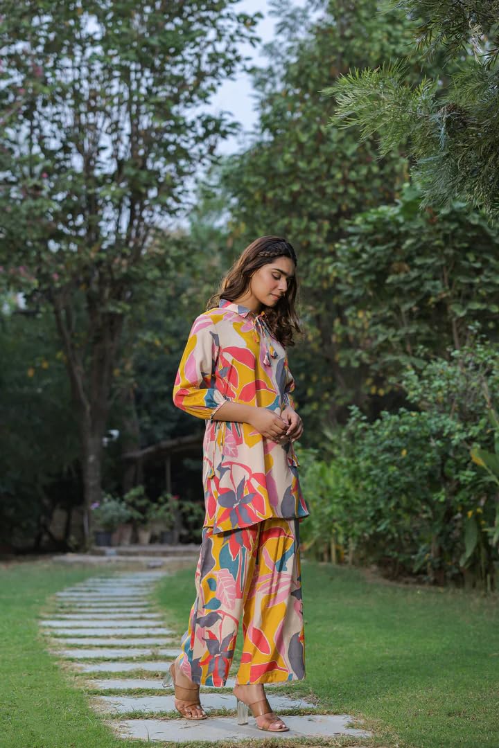 Leriya Fashion Women'S Rayon Floral Regular Western Co-Ord Set (Lf-W1936&Tr958_Yellow_M)