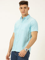 Thomas Scott Spread Collar Slim Fit Solid 100% Cotton Half Sleeve Shirt for Mens Aqua