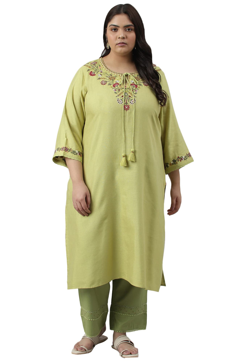W For Woman Green Fusion Plus Size Embroidered Kurta_23Few18438G-218443_5Xl