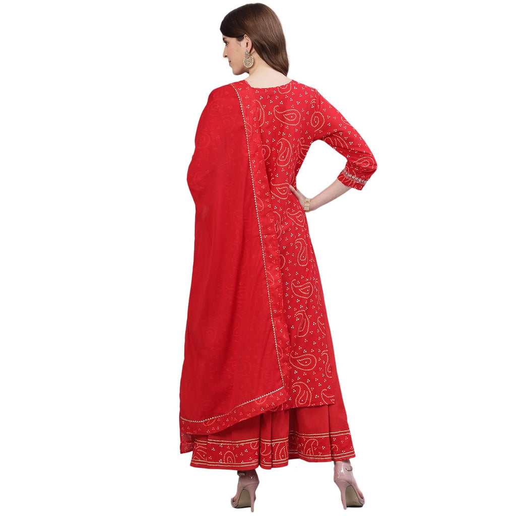 Ishin Women'S Red Bandhani Embroidered Straight Kurta Sharara Dupattta Set