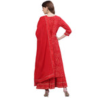 Ishin Women'S Red Bandhani Embroidered Straight Kurta Sharara Dupattta Set
