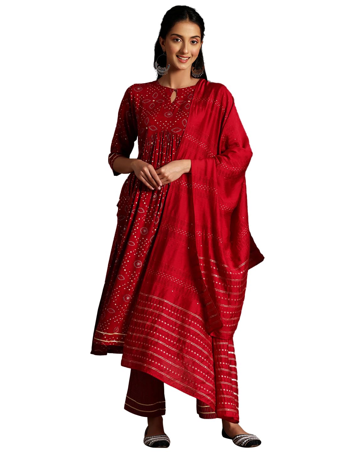 Libas Womens Printed Rayon A-Line Kurta With Palazzos and Dupatta