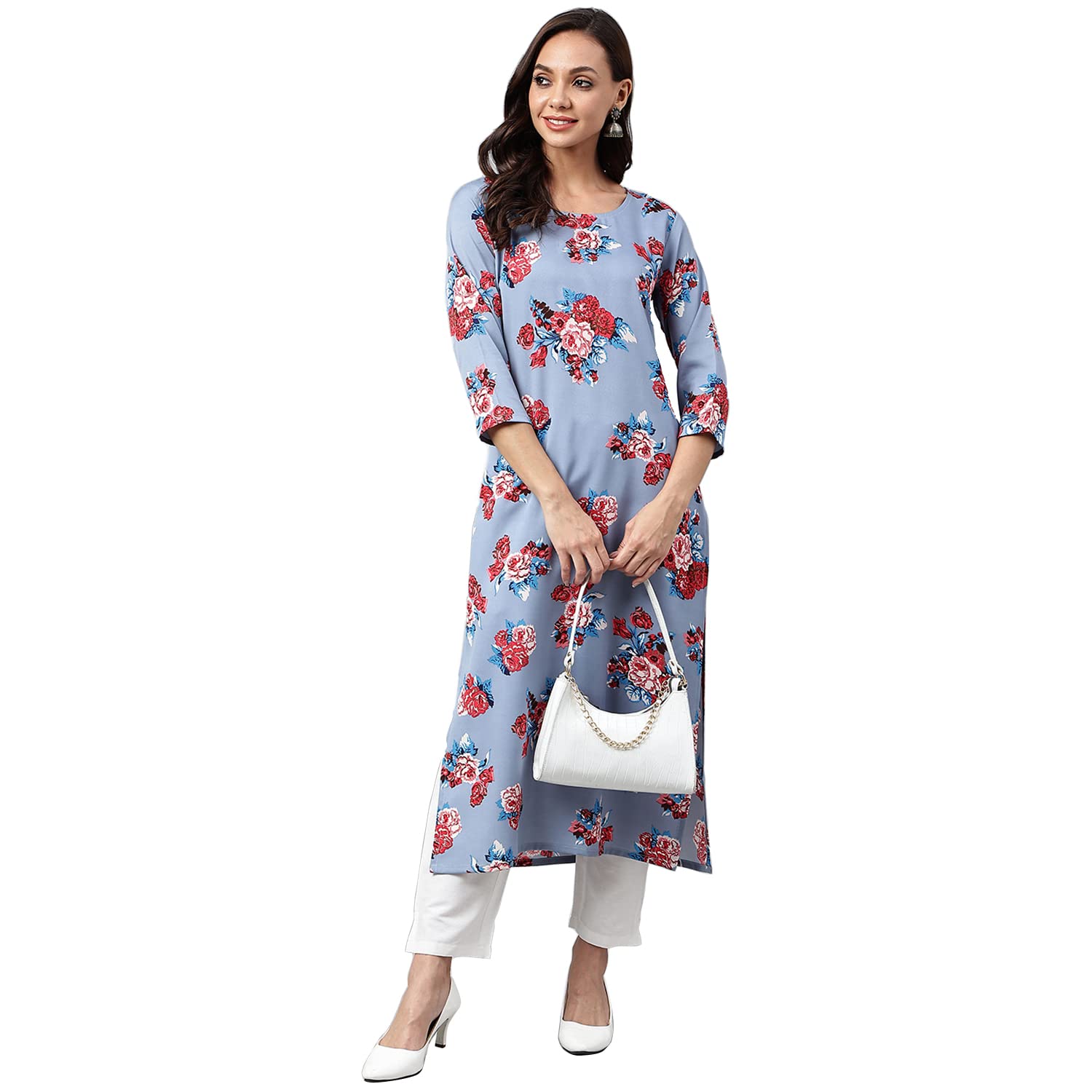 Gosriki Women'S Crepe Straight Printed Kurta (Sanju Blue_S-Go_Blue_Small)