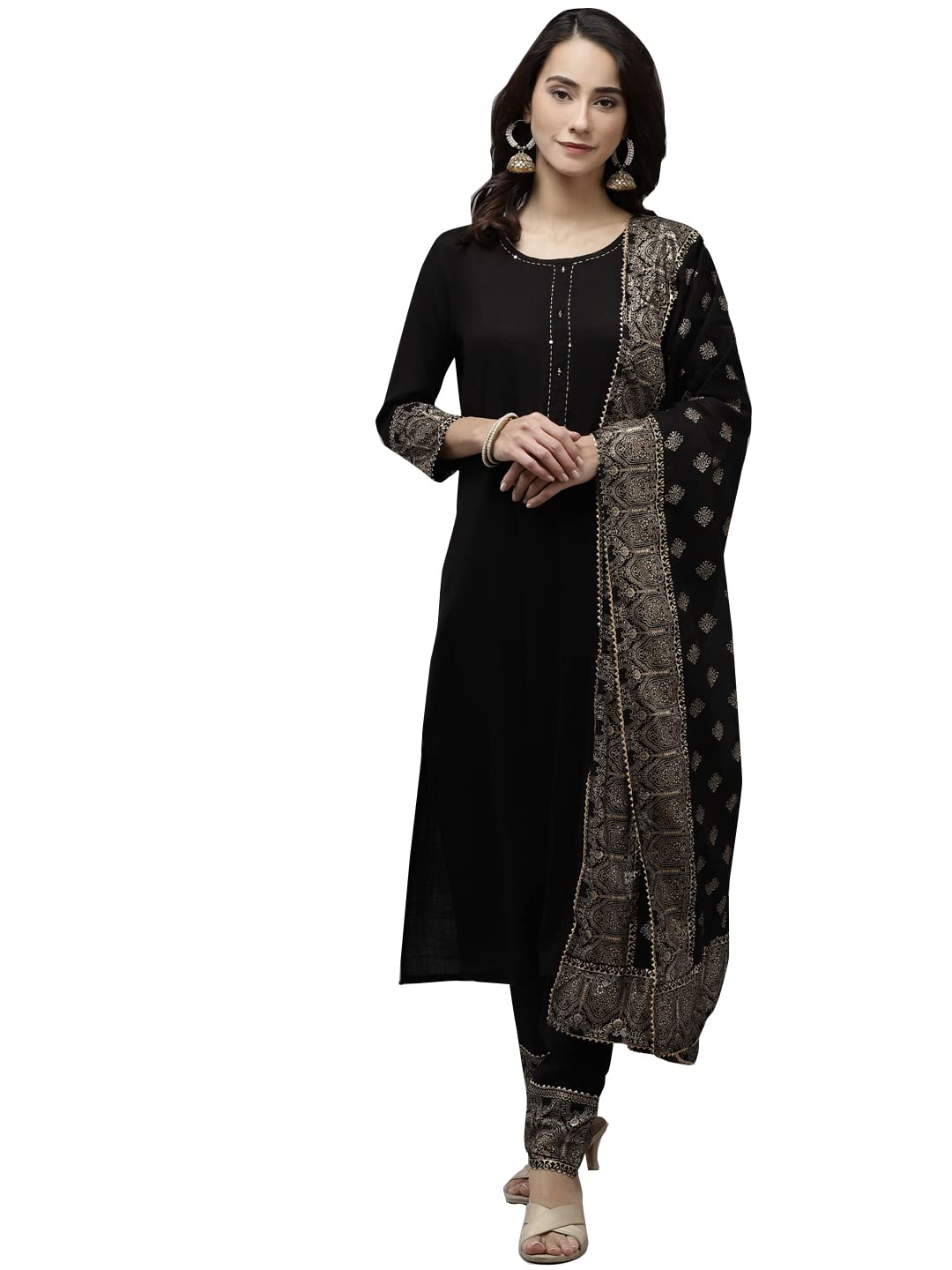 Ishin Women'S Viscose Rayon Straight Solid Gotta Patti Ethnic Motifs Print Black Kurta Suit Set With Trouser Kpdhvka-Ff-7008_Xxl