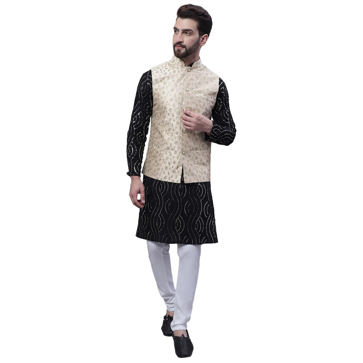 SOJANYA (Since 1958 Mens Pure Cotton Black Kurta and White Pyjama With Beige Embroidery Nehru Jacket
