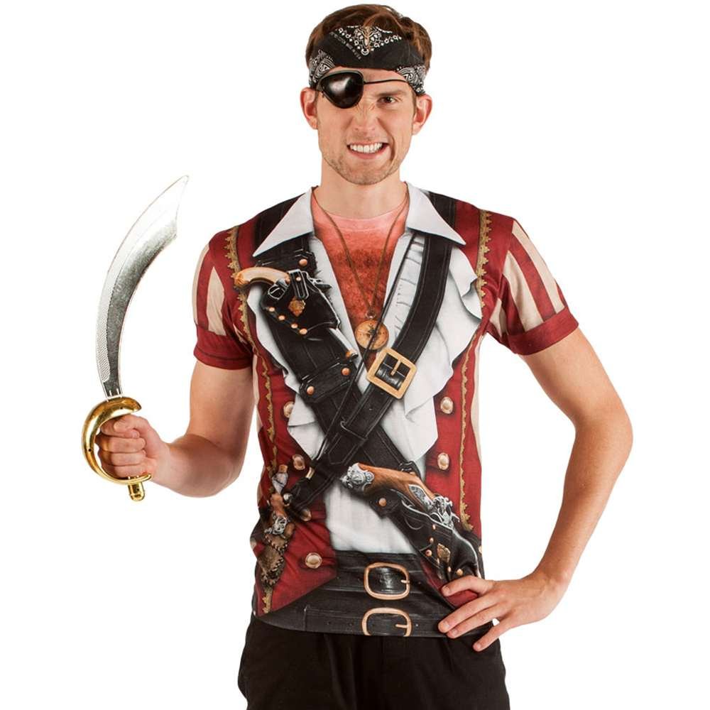 Faux Real Men's Halloween 3D Photo-Realistic Short Sleeve T-Shirt, Swashbuckler Pirate, Large