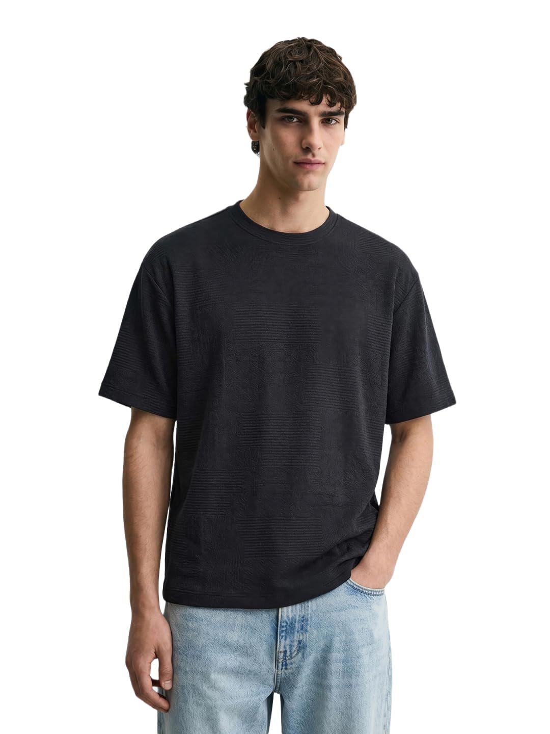 The Indian Garage Co Mens Oversized Fit Half Sleeves Self Design Crew Neck T-Shirt