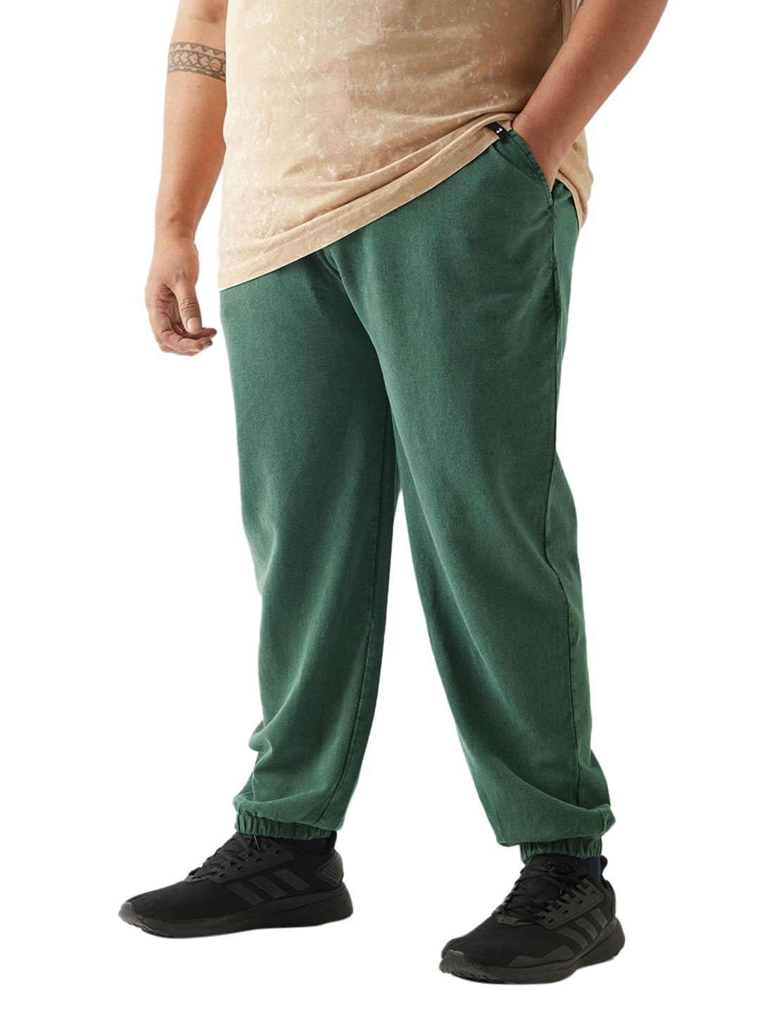 Bewakoof Air 1.0 Mens Solid Oversized Fit Cotton Terry Plus Size Acid Wash Joggers_646438_Green_3XL
