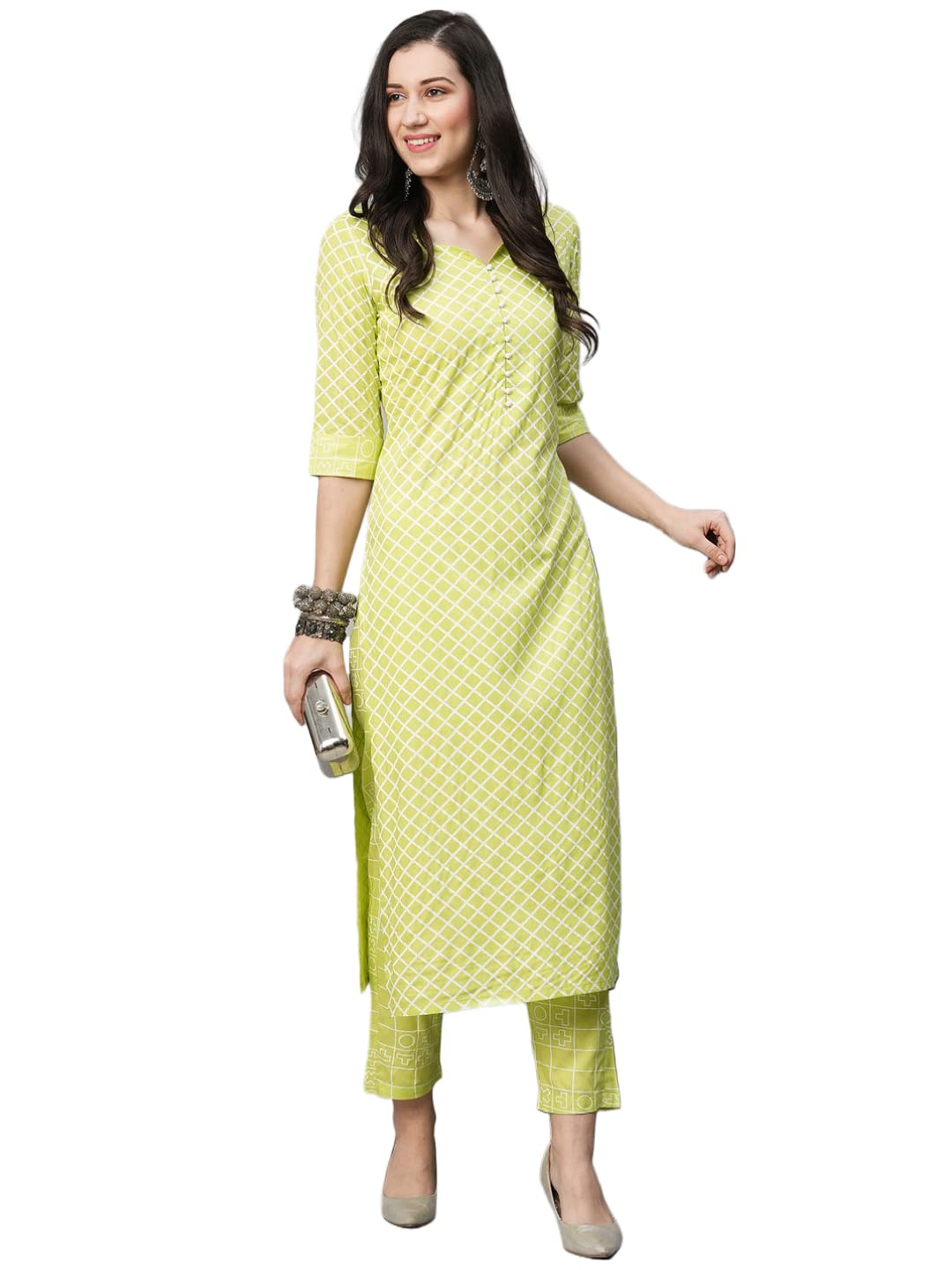 ANNI DESIGNER Women's Cotton Blend Printed Straight Kurta with Pant (CRY-Parrot_XL_Light Green_X-Large)