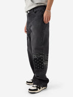 The Souled Store Denims: Bandana Patches Men and Boys Grey Straight Fit Cotton Jeans Casual Style Full-Length Comfortable Trouse