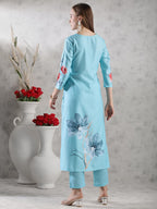 ANNI DESIGNER Women s Printed Rayon Kurta with Pants, Sky blue, M