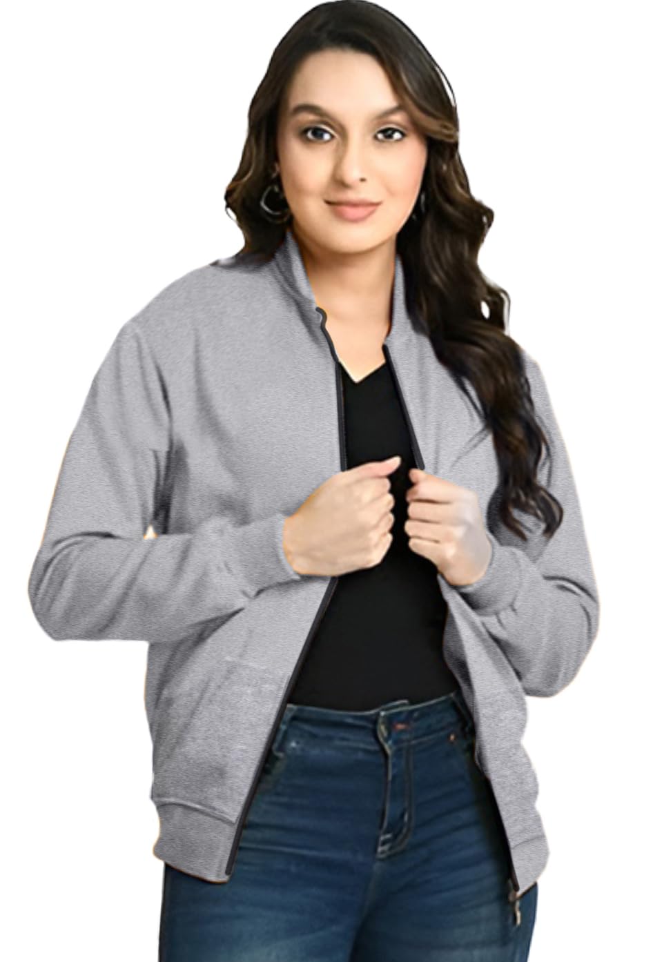 LEOTUDE Women Lightweight Solid Grey Bomber Jacket Material Loopknit Size 2XL 2