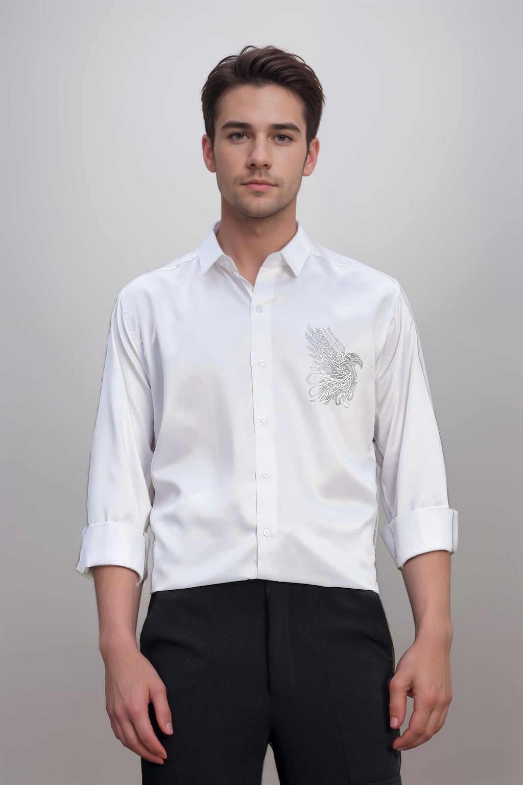 Indoprimo MenS Stylish Long Sleeve Satin Sequence Print Shirt White