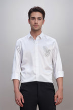 Indoprimo MenS Stylish Long Sleeve Satin Sequence Print Shirt White