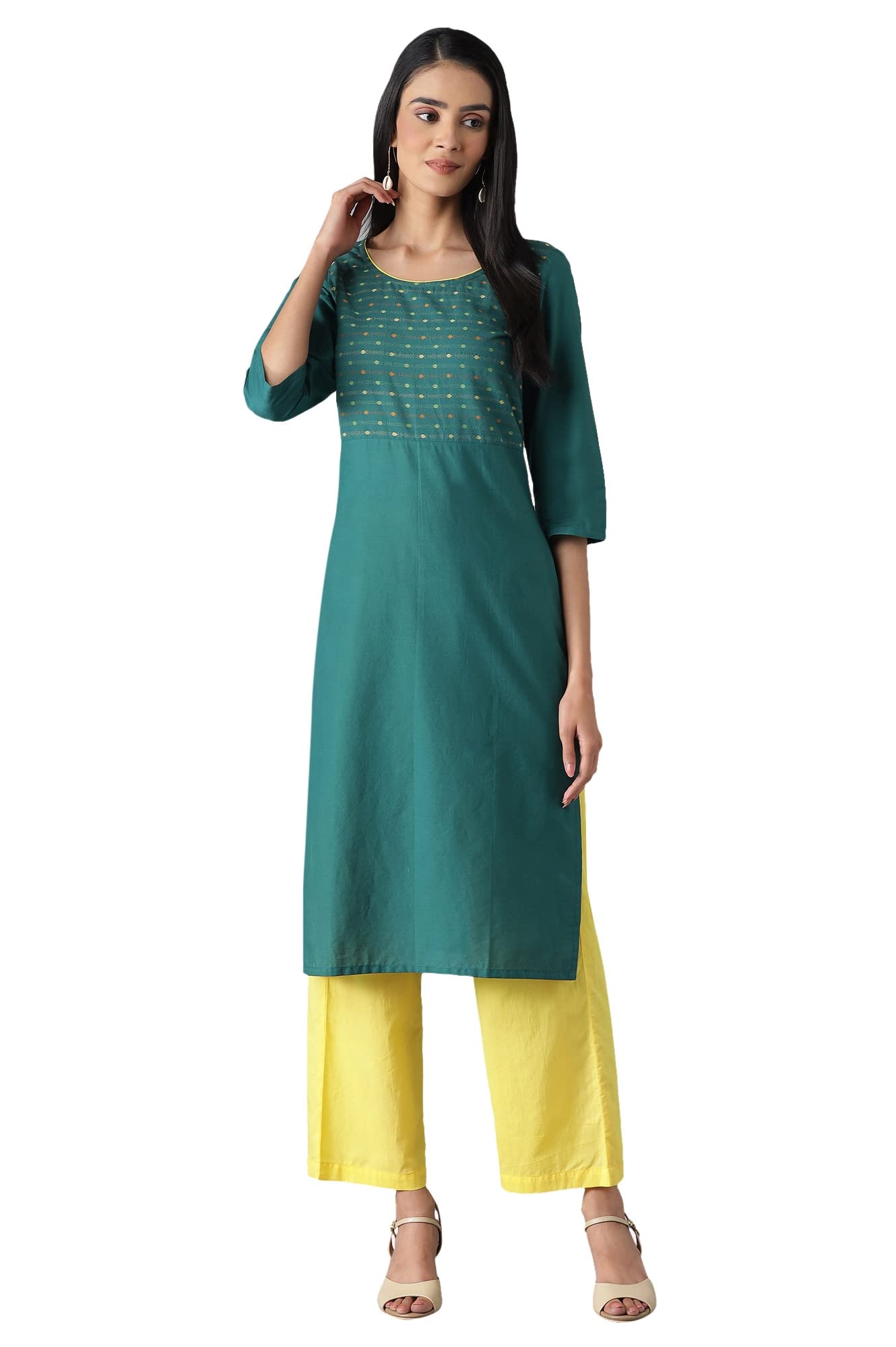 Aurelia Women'S Green Cotton Kurta And Yellow Pant Set