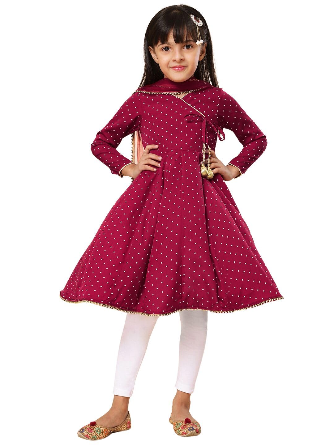 A.T.U.N. (All Things Uber Nice) Girls Printed Angrakha Pure Cotton Kurta With Leggings & Dupatta