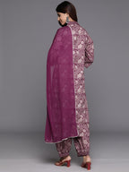 Varanga Women Purple Floral Printed Straight Kurta With Afghani Bottom And Dupatta