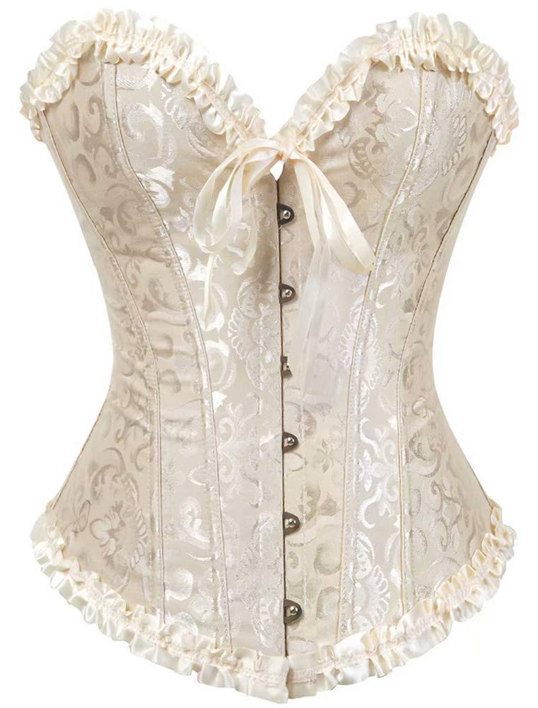 SHYMMUO Women's Lacing Corset Top Satin Floral Boned Overbust Body Shaper Bustier Beige M