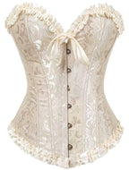 SHYMMUO Women's Lacing Corset Top Satin Floral Boned Overbust Body Shaper Bustier Beige M
