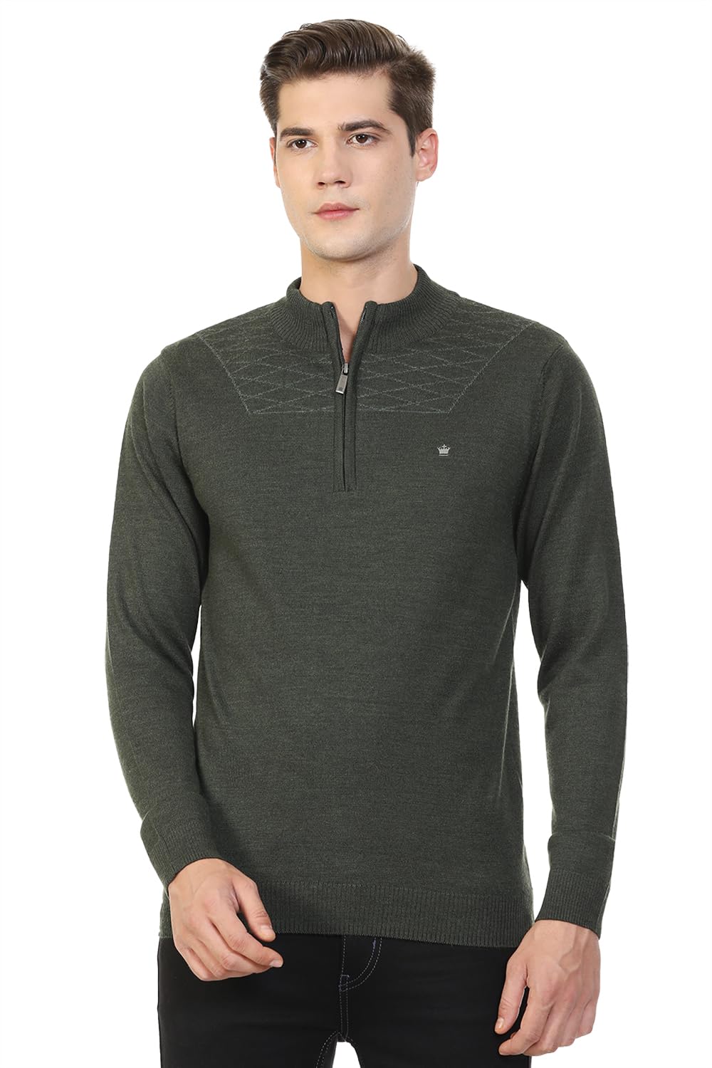 Louis Philippe Men Olive Textured Stylized Neck Full Sleeves Sweater