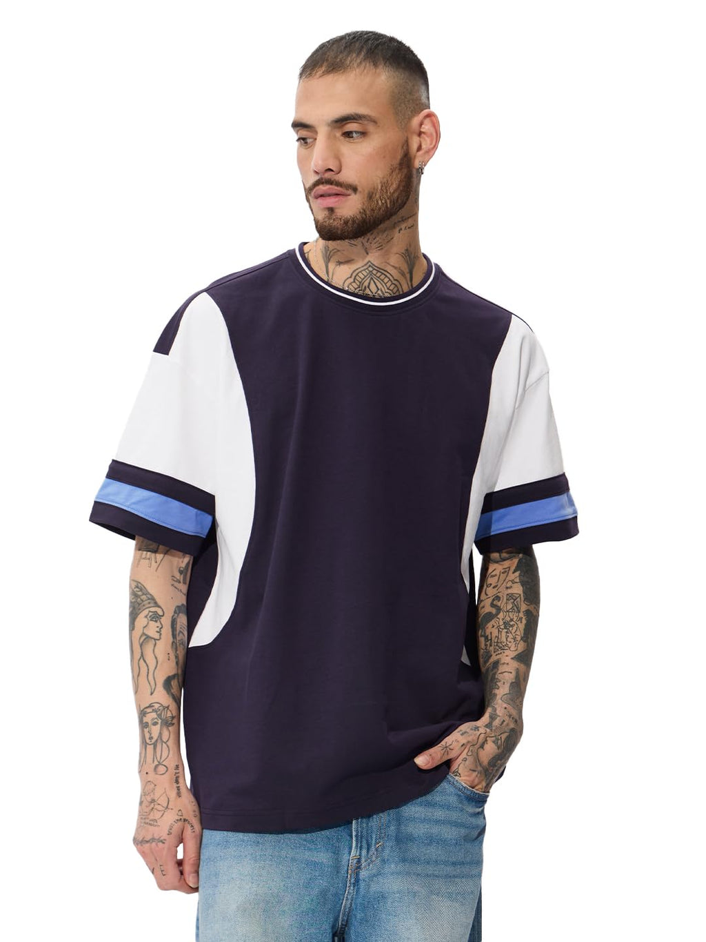 The Souled Store Solids: Deep Navy Oversized T-Shirt for Men Boys Cotton Casual Half Sleeves Baggy Loose Fit Drop Shoulder Round