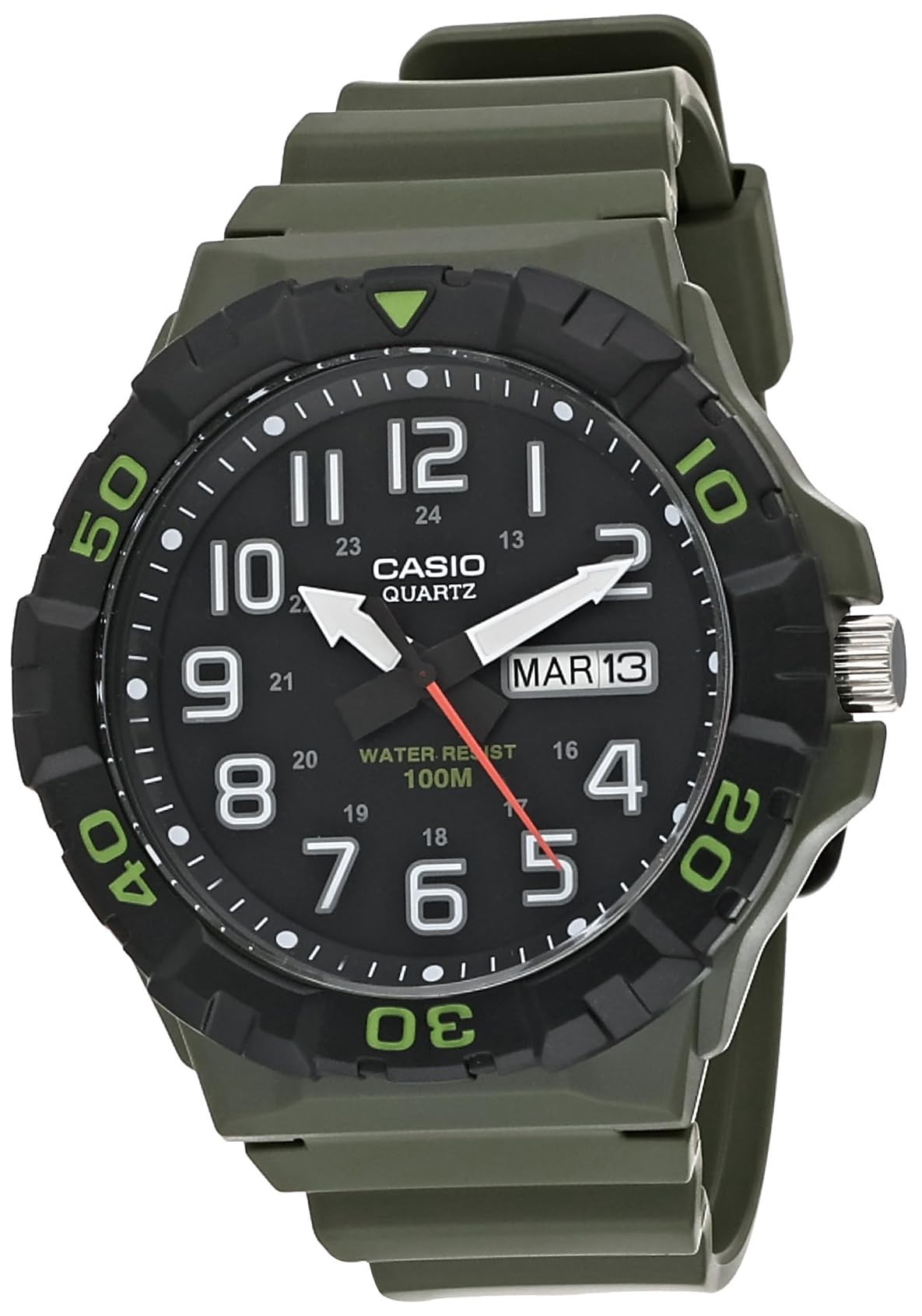 Casio MRW200H Series | Men's Analog Watch | Green | Sporty Design | 100 Meter Water Resistance | Date Display | Rotary Bezel | R