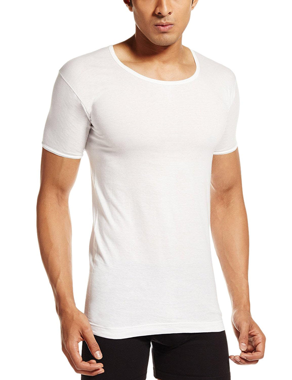 PRAKASAM COTTON Mens Combed Cotton Round Neck Half Sleeve White Vest with Extended Length for Easy Tuck (Gold) Pack of 3