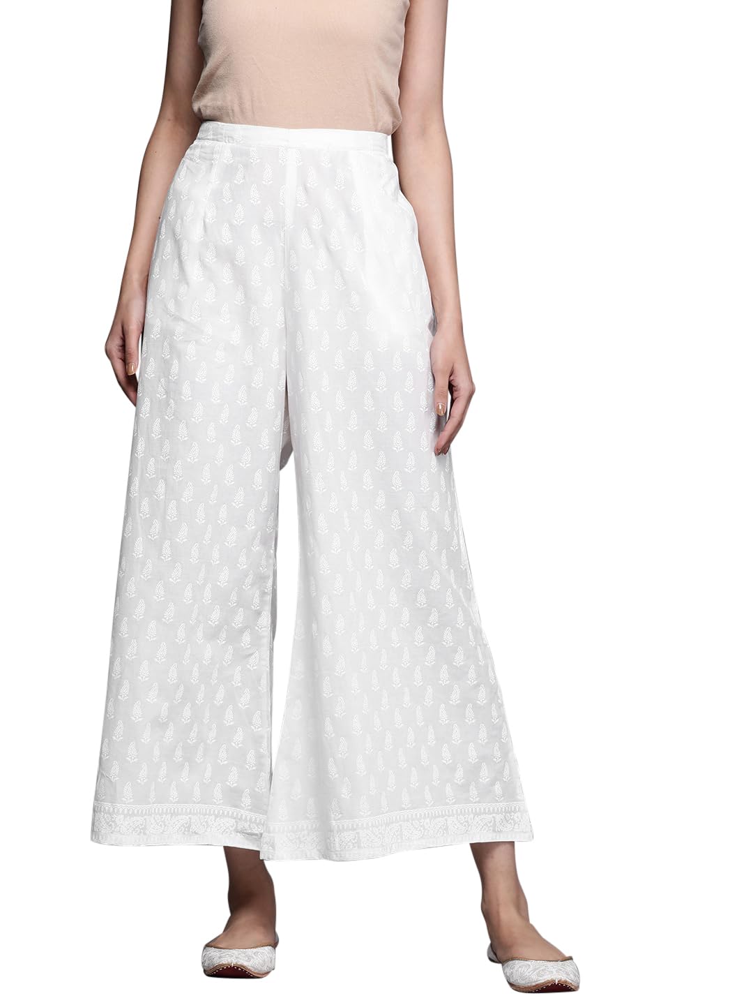 Libas Womens Printed Cotton Palazzos For Women Cream
