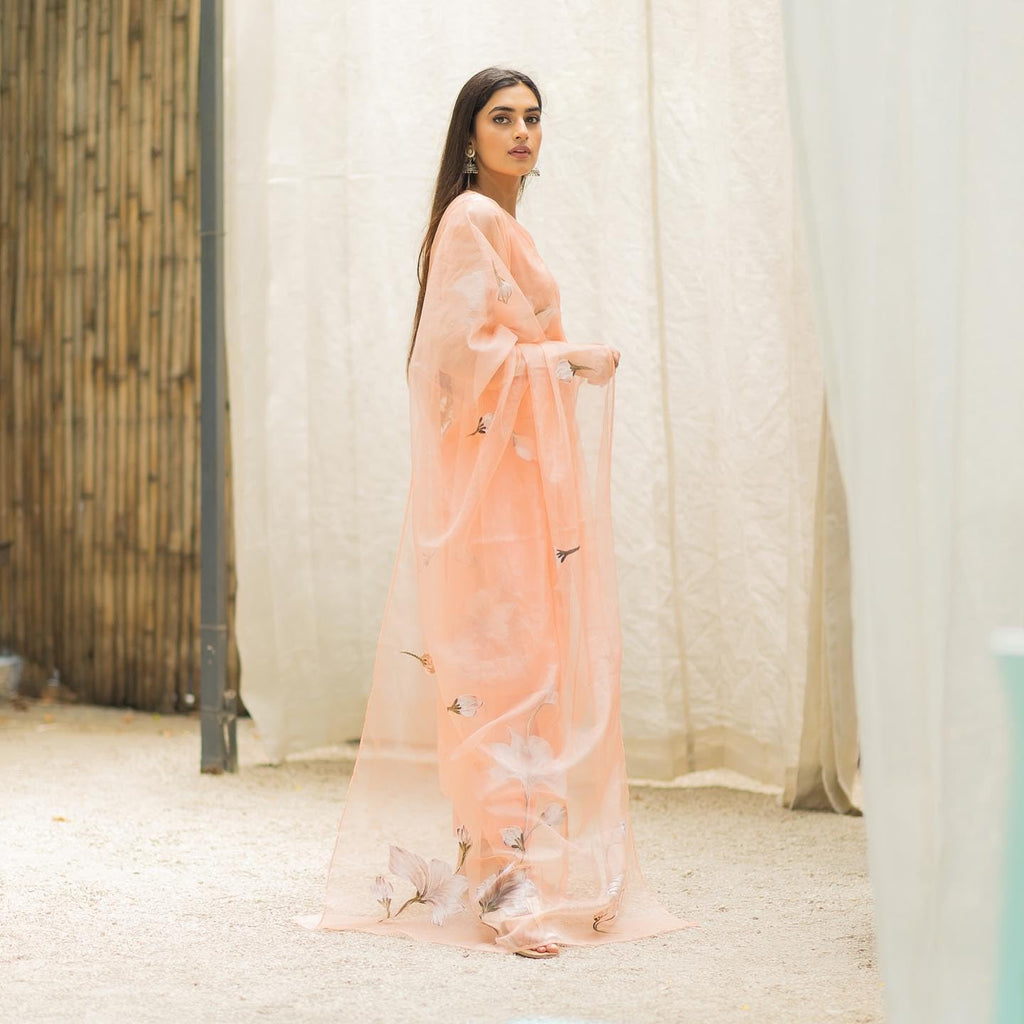 Gosriki Women'S Organza Straight Printed Kurta With Pant & Dupatta (Amoli Peach-Gs_Xxl_Peach_Xx-Large)