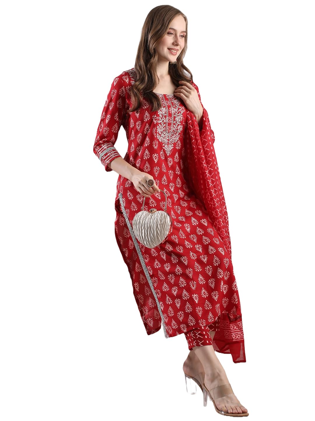 ANNI DESIGNER Women s Kurta with Trousers and Dupatta, Red, Medium