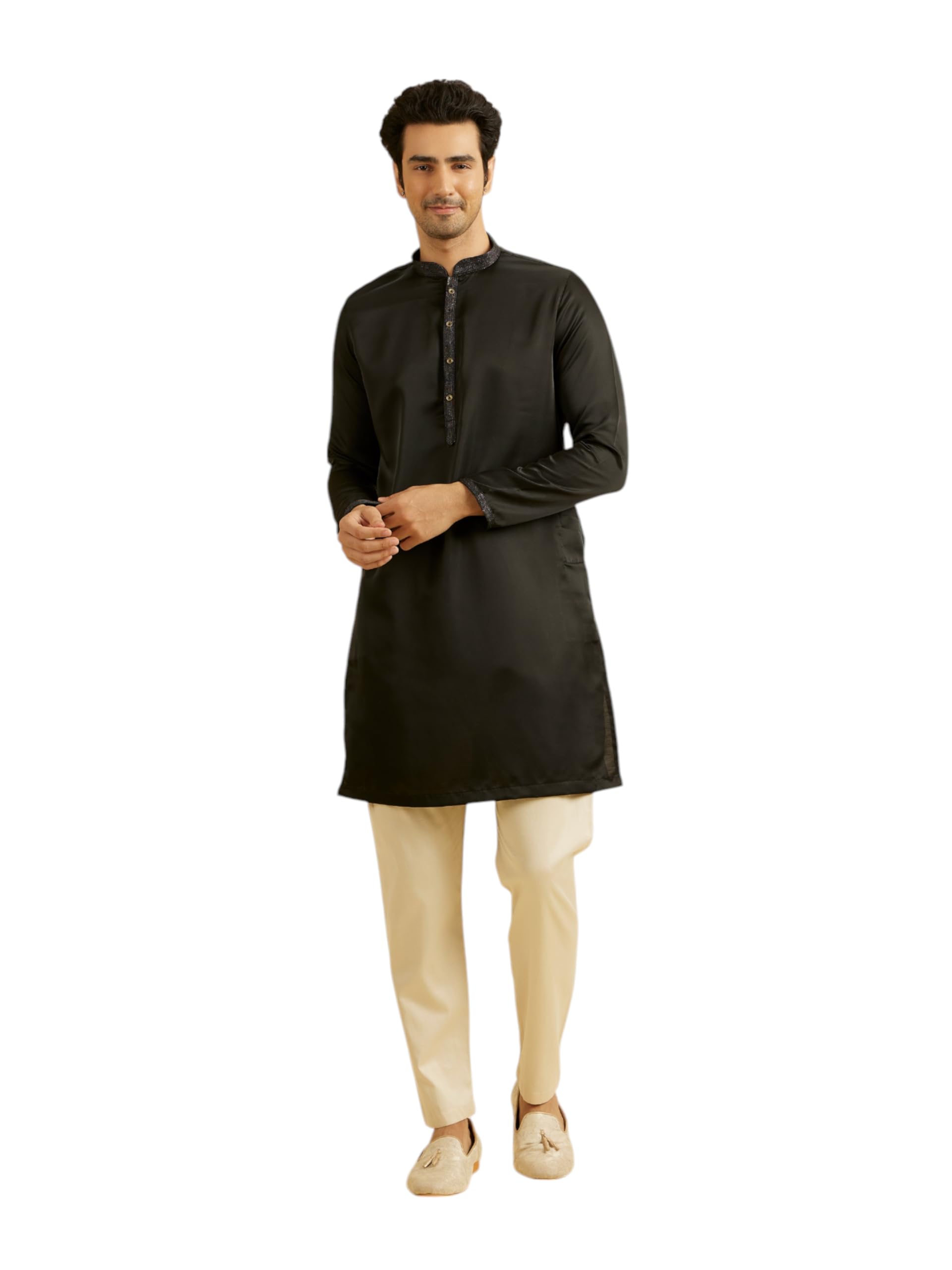Manyavar Mens Plain Solid Kurta Set (Black,XXXL)