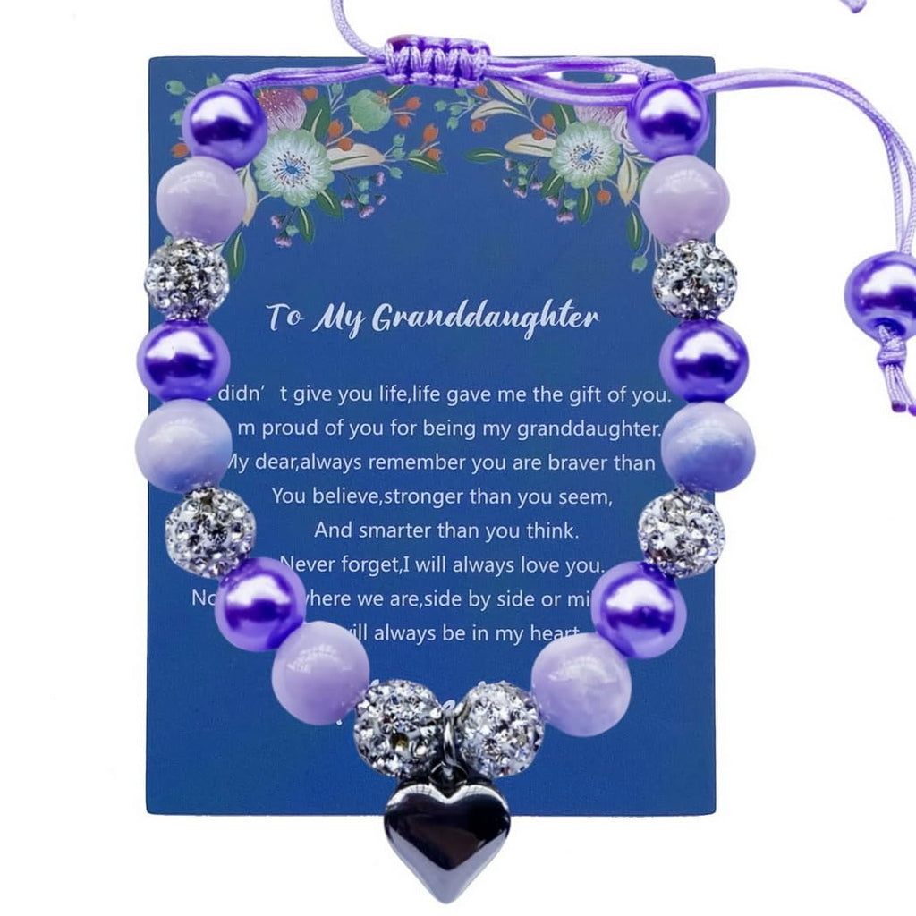 DOLON Purple Beaded Rhinestone Heart Charm Granddaugther Bracelet Adjustable Jewelry Back to School Birthday Christmas Holiday G