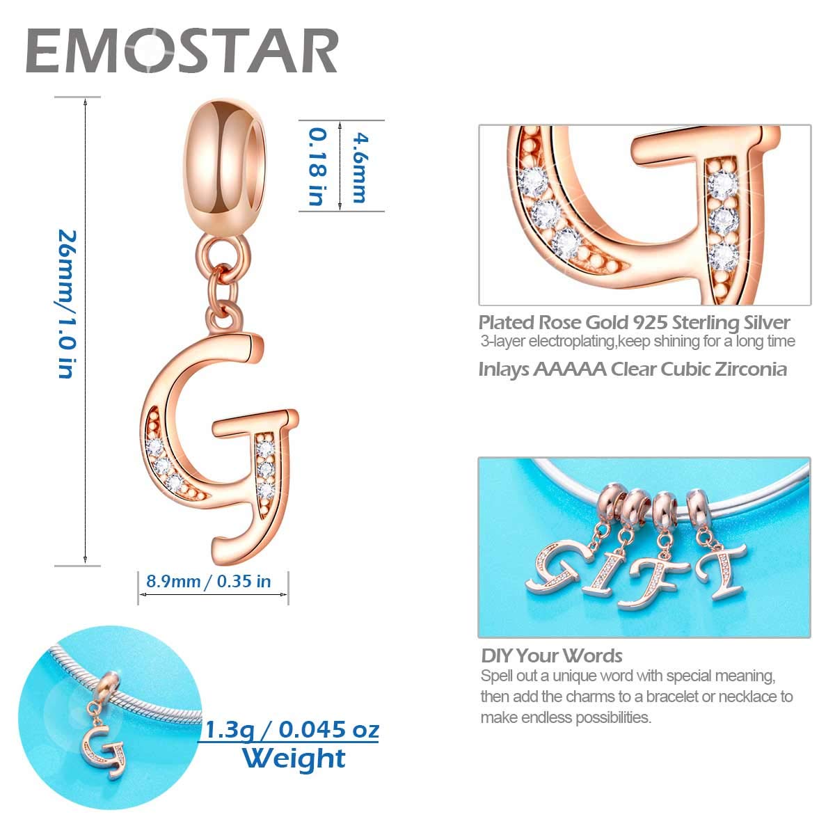 Letter G Charms Initial A-Z Alphabet Word Beads - Rose Gold Authentic 925 Sterling Silver Letra CZ Dangle, fits Pandora Style Br