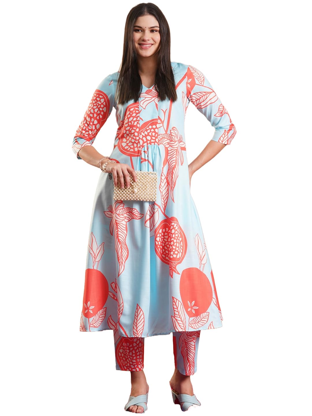 ANNI DESIGNER Women s Rayon Blend Kurta with Pants, Orange, XL