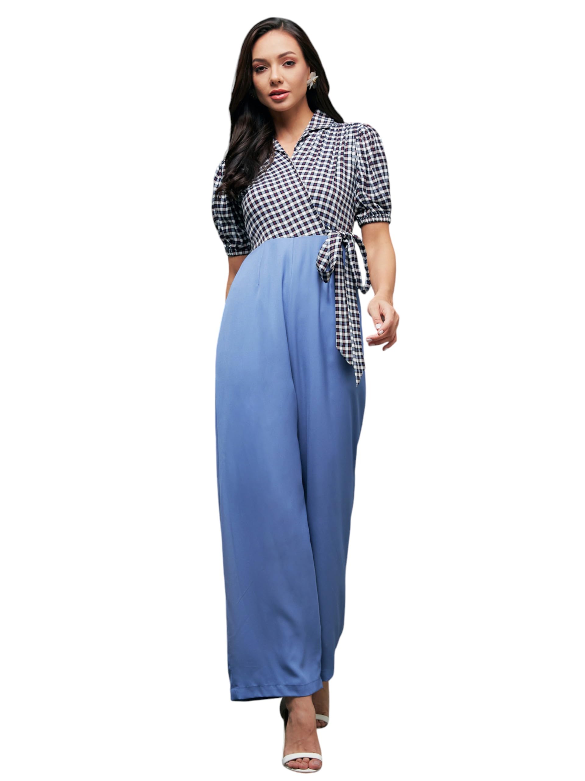 Miss Chase WomenS Notched Collared Puff Sleeve Checkered Wrap Regular Jumpsuit (Mcaw24D97-97-302-02, Multicolored-Base-Powder Bl