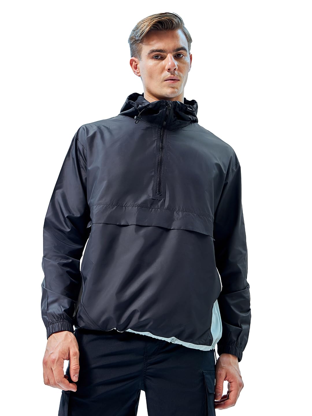 Bewakoof Air 1.0 Mens Color Block Oversized Fit Full Sleeve Hooded Neck Nylon Windcheater Standard Length Jacket_ 611073 White 