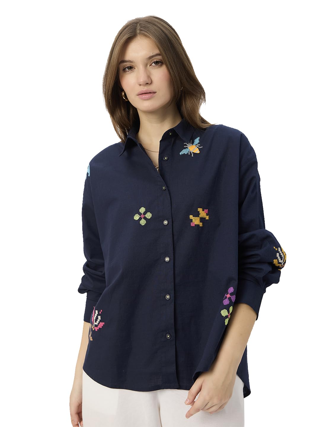 The Souled Store Gardenia Women and Girls Long Sleeve Collared Neck Button Down Boyfriend Shirts Navy Blue