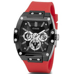 GUESS Mens Casual Multifunction 43mm Watch - Black Polycarbonate Case with Black Skeleton Dial & Red Silicone Strap