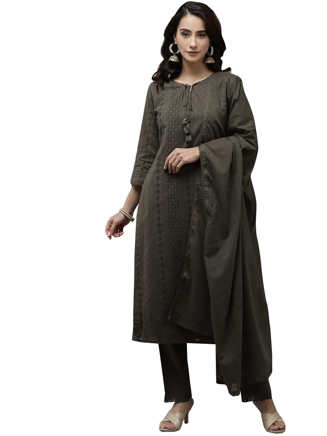 Ishin Women'S Pure Cotton A-Line Embroidered Thread Work Woven Design Print Olive Kurta Suit Set With Trouser Kpldflow-Ff-10094_