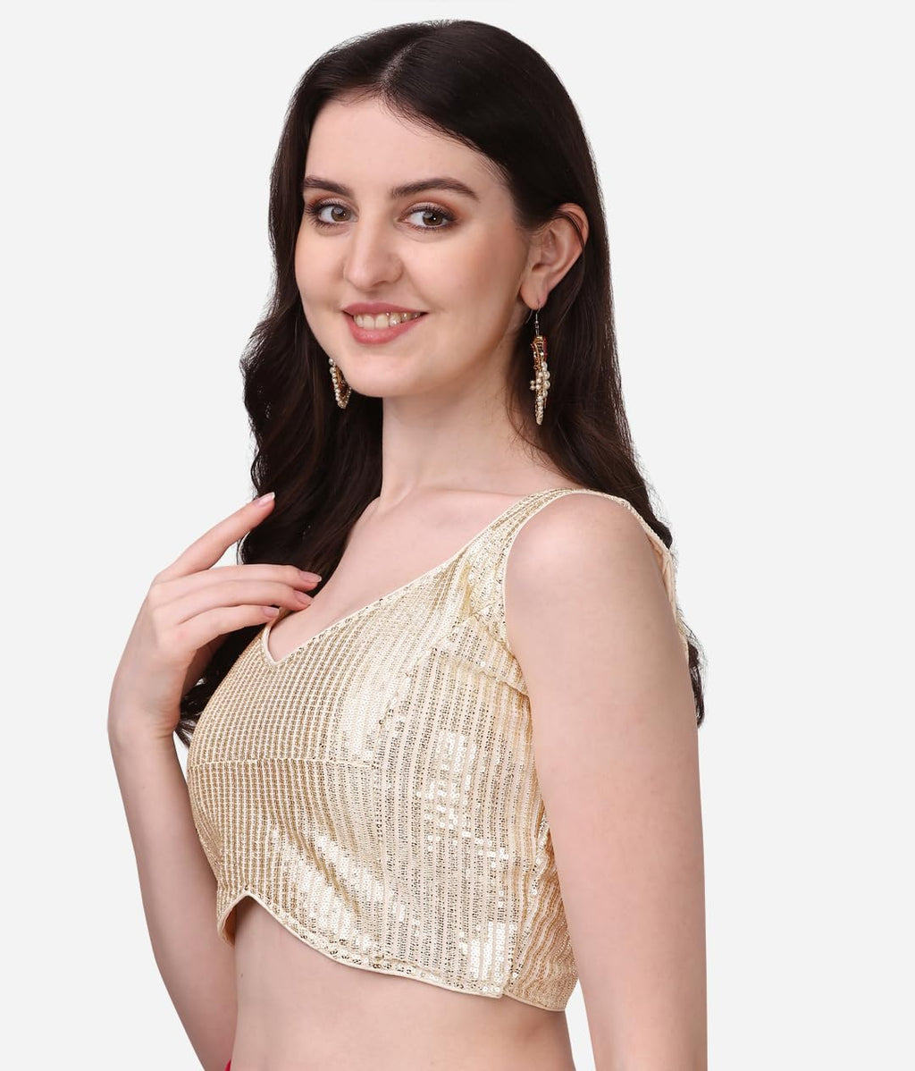 Pujia Mills Womens Multicolor Sweetheart Neck Georgette Line Soft Embroidery Sequence Zari Work Sleeves Readymade Saree Blouse