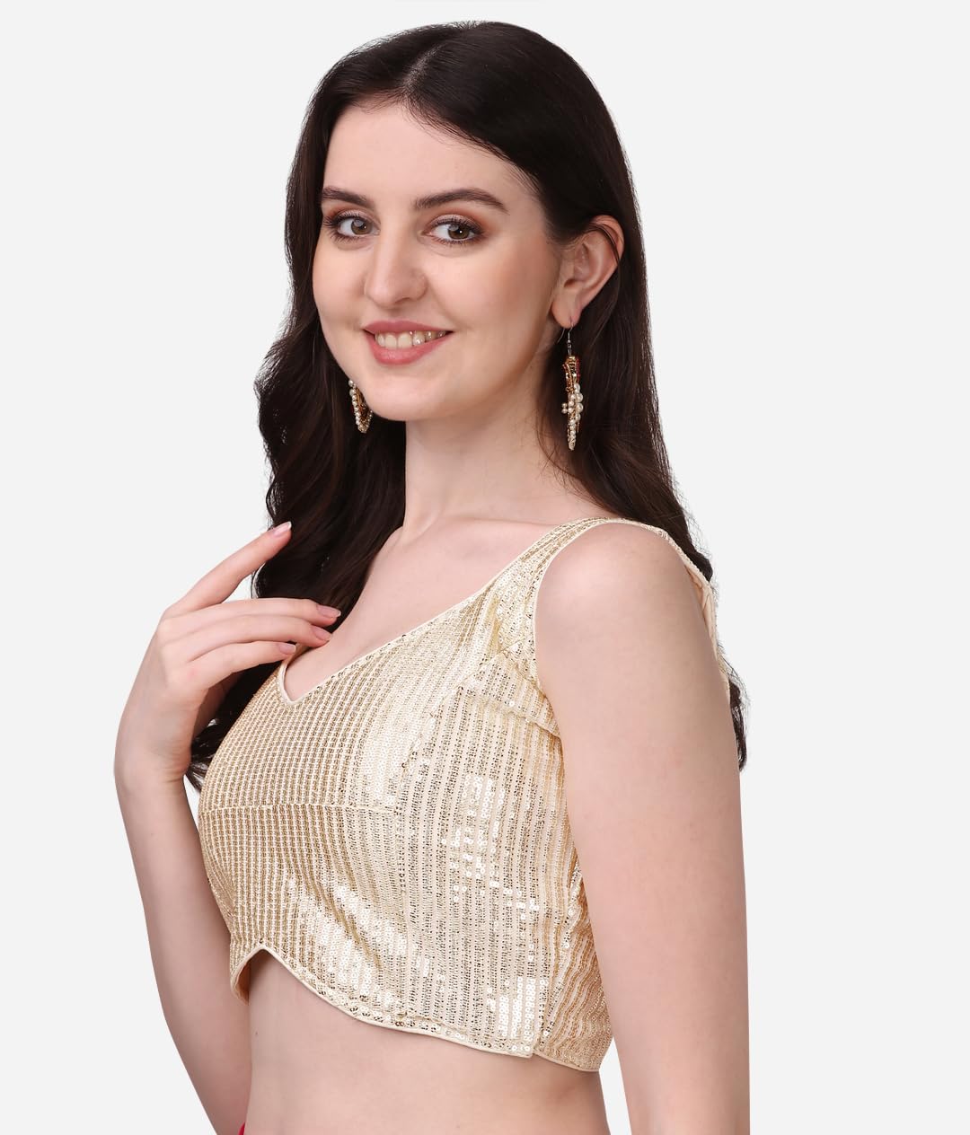 Pujia Mills Womens Multicolor Sweetheart Neck Georgette Line Soft Embroidery Sequence Zari Work Sleeves Readymade Saree Blouse