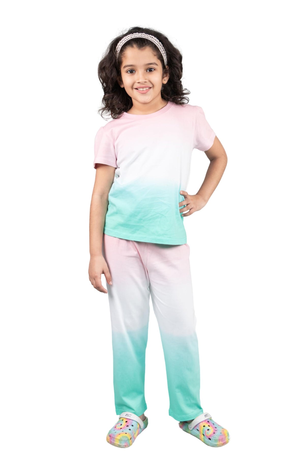 Tweeny Mini Kids Girls Pure Cotton Tie Dye Nightsuit | Coord Set | Sleepwear | Nightwear | Night Dress | Half Sleeves TShirt & 13-14