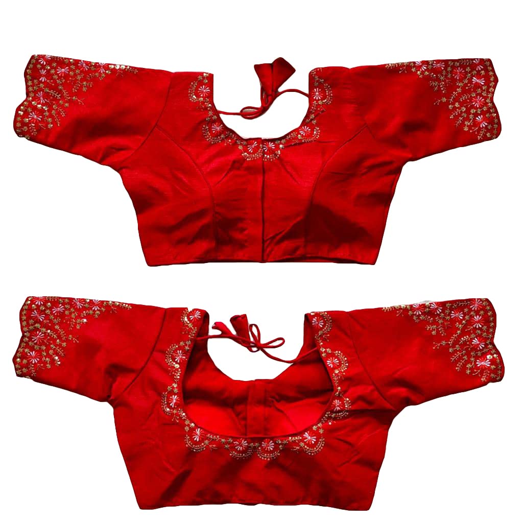 Pujia Mills Womens Silk Embroidery Sequence Work Half Sleeve Readymade Blouse (Red, 34)