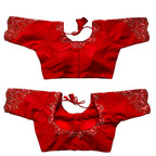 Pujia Mills Womens Silk Embroidery Sequence Work Half Sleeve Readymade Blouse (Red, 34)