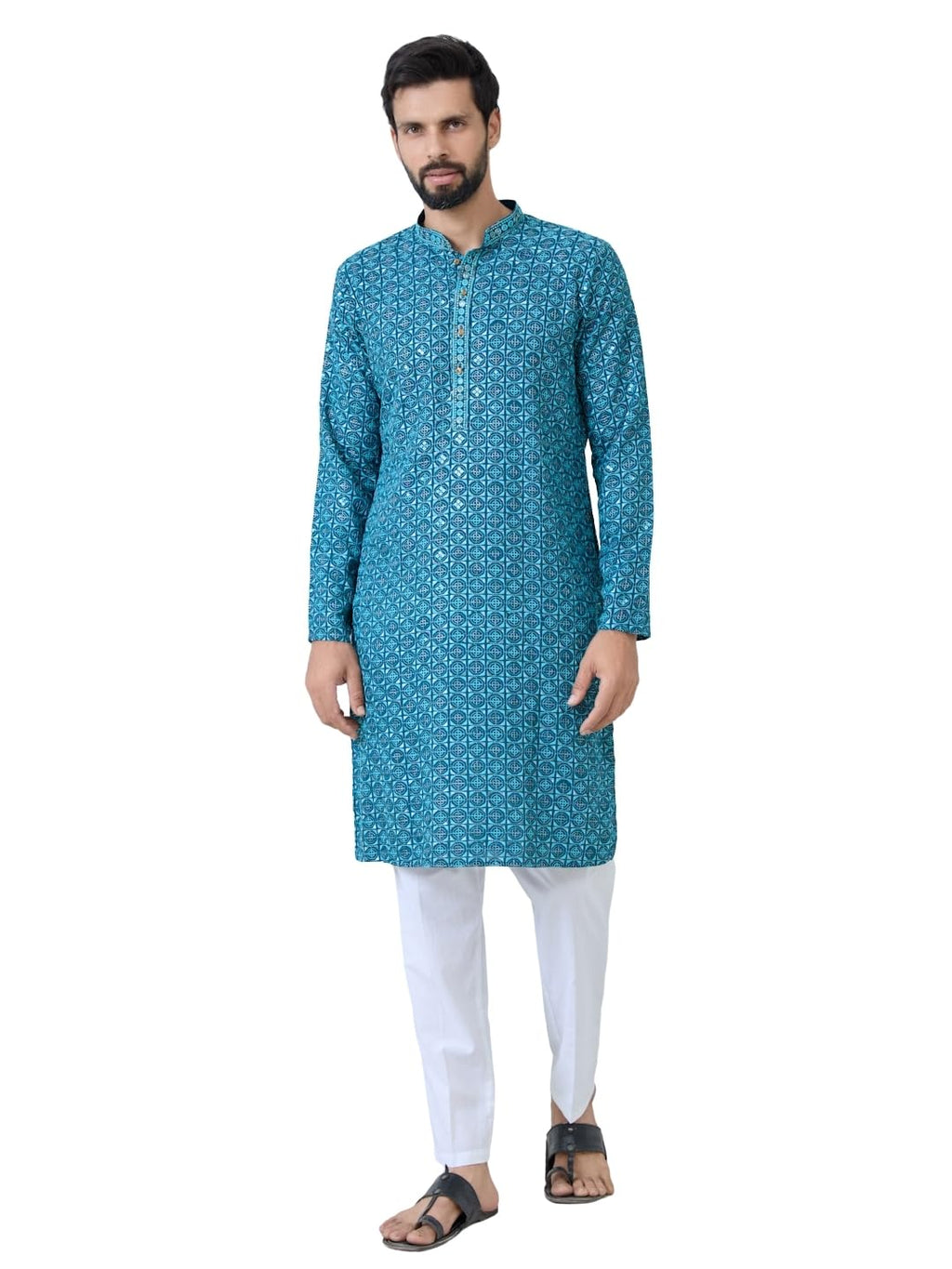 See Designs Mens Full Sleeve Mandarin Collar Men Dark Blue Embroidered Mandarin Collar Straight Long Kurta - Festive Collection